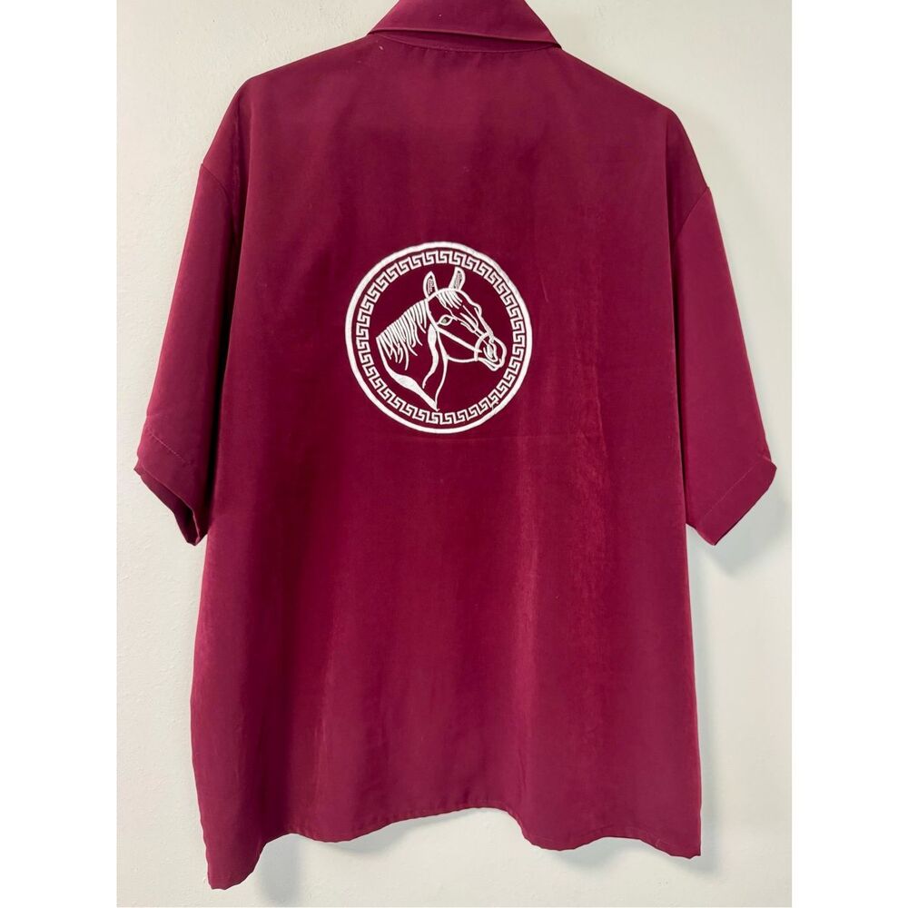 Saxifon Embroidered Horses‎ Western Maroon Short Sleeve Button Shirt Size Large